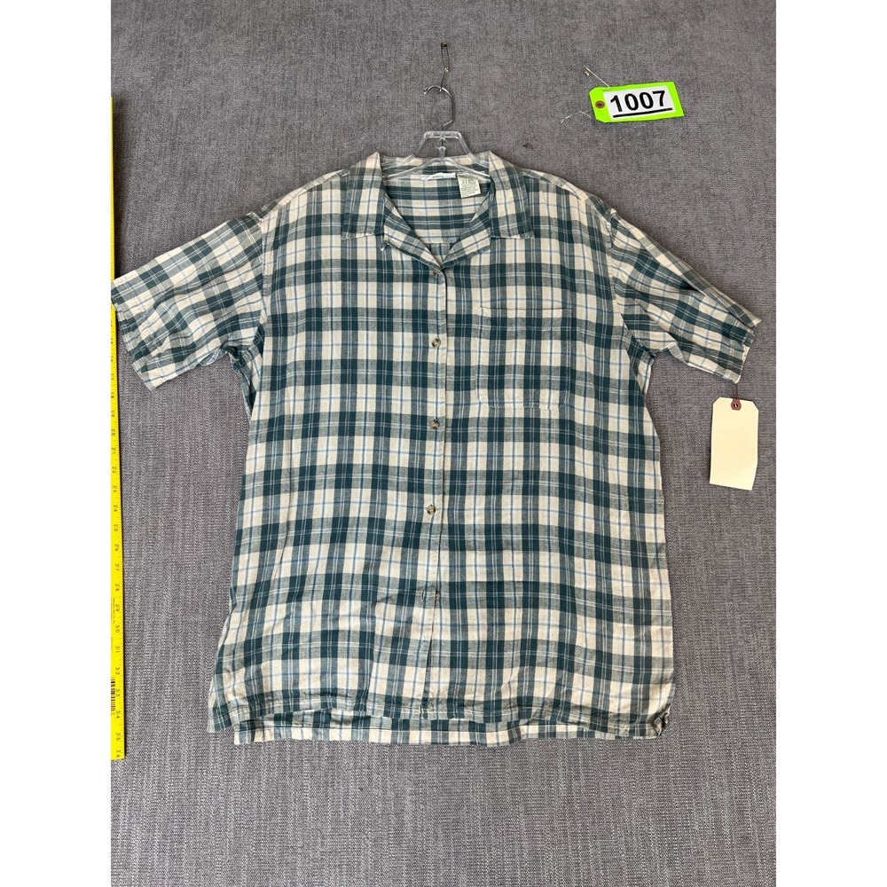 Cottage Essentials Shirt Top Womens XL Green White Plaid Short Sleeve Button Up